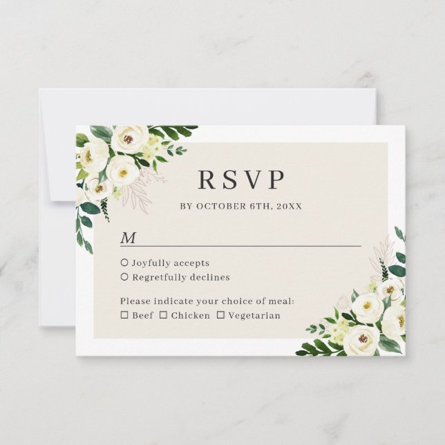 Elfenbeinweiße Vegetation Floral Elegante Hochzeit RSVP Karte (Vorderseite)