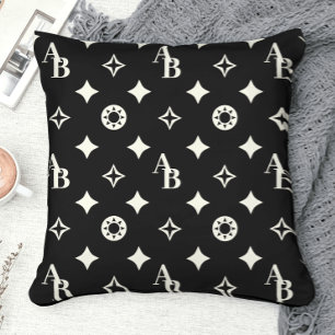 Elfenbeinweißes Monogramm-Muster Schwarz Kissen