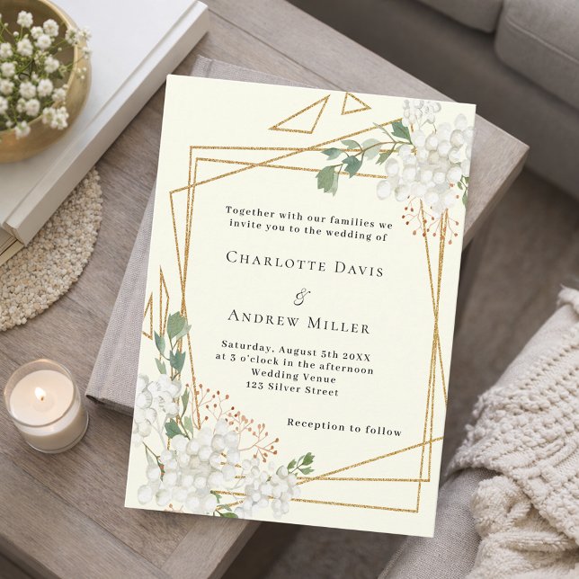 Elfenbeinweißflorale geometrische Hochzeit Einladung (Von Creator hochgeladen)