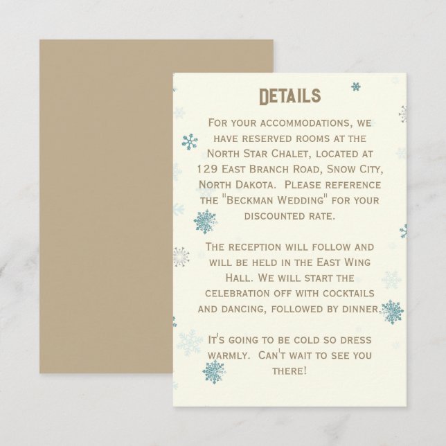 Elfenbeinwunder Wunderland Schneeflocke Hochzeitde Begleitkarte (Vorne/Hinten)