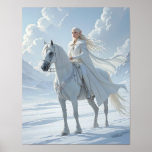 Elfenkönigin auf einem majestätischen weißen Pferd Poster