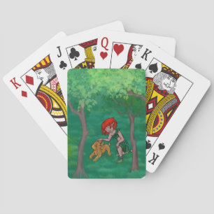 Elfenmädchen, das mit ihrem Welpenhund im Wald spi Spielkarten