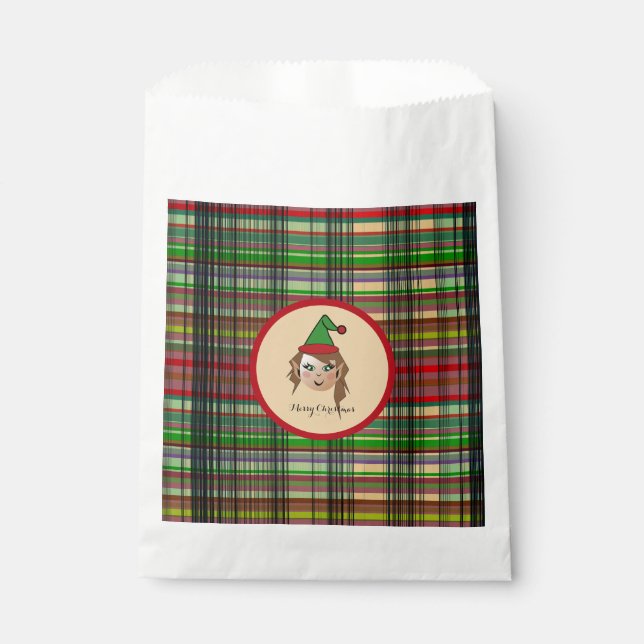 Elfie mit Kariertem Muster und Hintergrund-Design Geschenktütchen (Vorderseite)