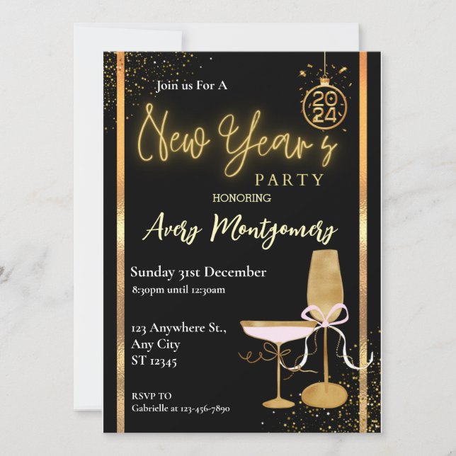 Elgano Black Gold Modernes New Year Party Einladung (Vorderseite)