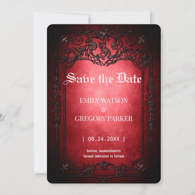 Elgant Gothic Aquamarin Rust Red Save the Date Ger (Vorderseite)