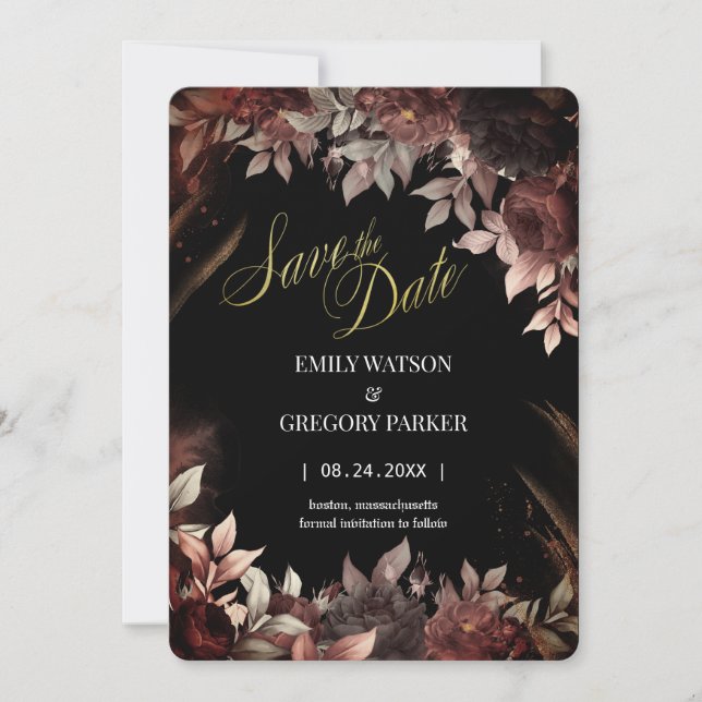Elgant Gothic Burgundy Red and Black Floral Save The Date (Vorderseite)