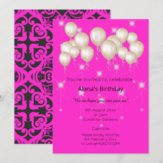 ELGANT MODERN DAMASK BLACK PINK GEBURTSTAG EINLADUNG