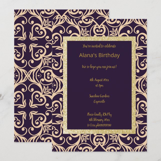 ELGANT MODERN DAMASK NAVY SILVER GOLD EINLADUNG (Vorne/Hinten)