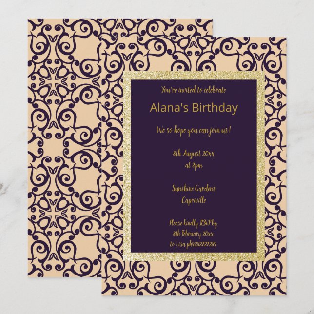 ELGANT MODERN DAMASK NAVY SILVER GOLD EINLADUNG (Vorne/Hinten)