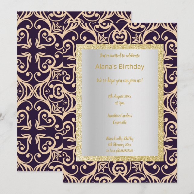 ELGANT MODERN DAMASK NAVY SILVER GOLD EINLADUNG (Vorne/Hinten)