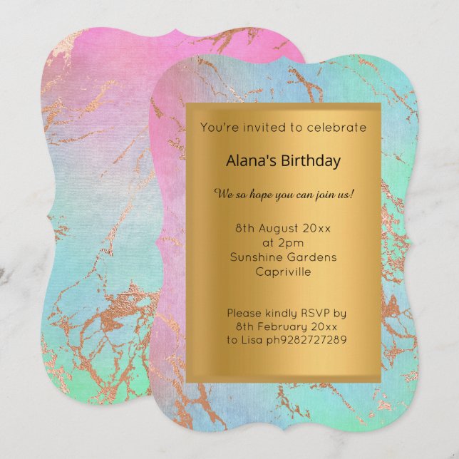 ELGANT MODERN MARBLE PASTEL GOLD GEBURTSTAG EINLADUNG (Vorne/Hinten)