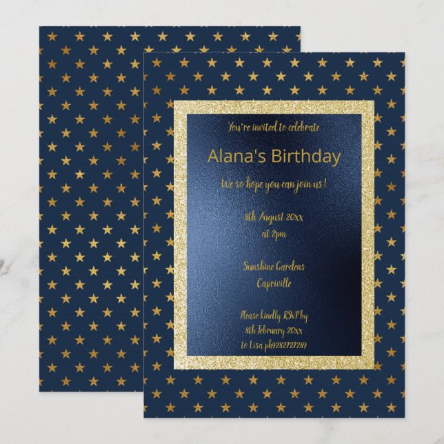 ELGANT MODERN NAVY STAR GOLD EINLADUNG (Vorne/Hinten)