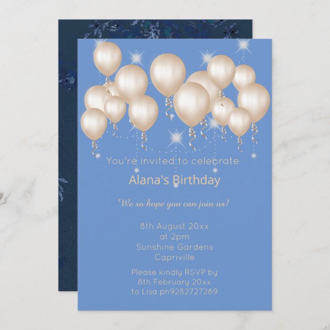 ELGANT MODERN SPRING NAVY BALLOON Sparkle Einladung (Vorne/Hinten)