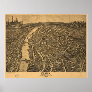 Elgin Illinois 1880 Antique Panoramabalkarte Poster
