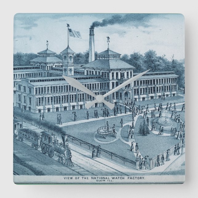 Elgin Watch Factory 1871 Image Elgin Illinois Quadratische Wanduhr (Vorderseite)