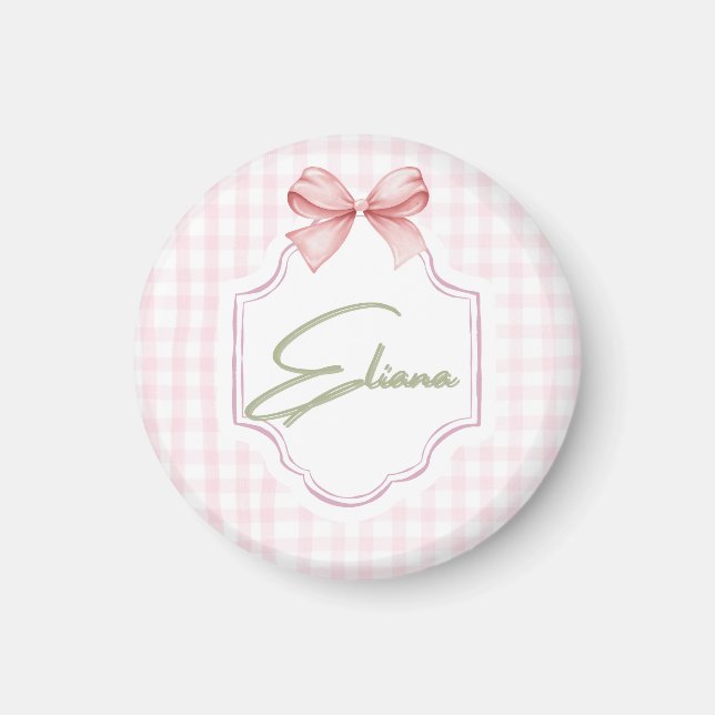 Eliana Personalisiert Pink Bow & Gingham Print Magnet (Vorne)