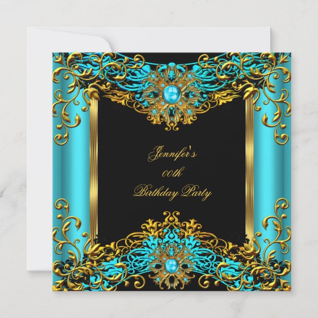 Elite Aquamarin Blue Gem Gold Black Birthday Party Einladung (Vorderseite)