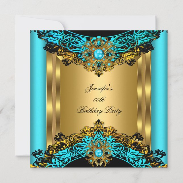 Elite Aquamarin Blue Gem Gold Black Birthday Party Einladung (Vorderseite)