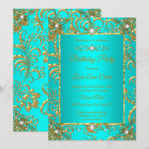 Elite Aquamarin Blue Gold Damask Pearl Birthday Pa Einladung