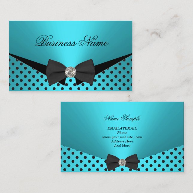 Elite Business Aquamarin Blue Polka Dots Bow Krawa Visitenkarte (Vorne/Hinten)