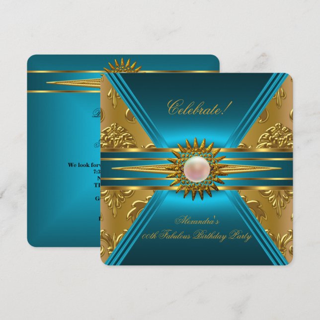 Elite Damask Aquamarin Blue Gold Floral Party 2 Einladung (Vorne/Hinten)