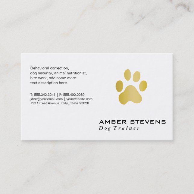 Elite Dog Trainer Golden Paw Visitenkarte (Vorderseite)