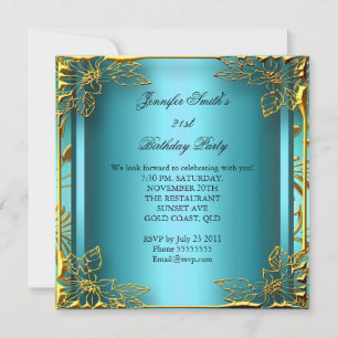 Elite Elegant Birthday Aquamarin Gold Black Damask Einladung