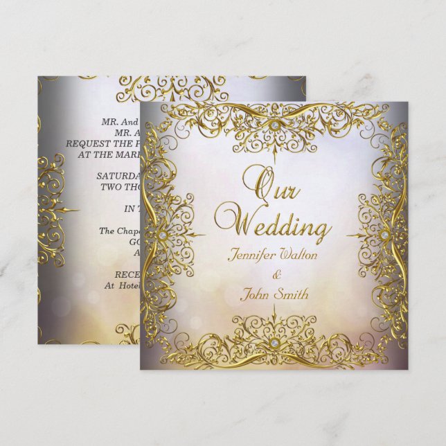 Elite Elegant Wedding Set Beige Gold Einladung (Vorne/Hinten)
