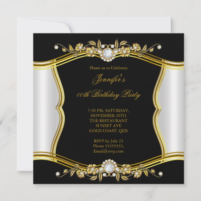 Elite Gold Black Floral Diamond Jewel Party Einladung (Vorderseite)