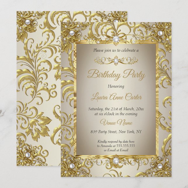 Elite Gold Damask Cream Pearl Birthday Party Einladung (Vorne/Hinten)