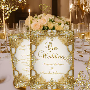 Elite-Hochzeit Gold Weiß beige Creme Perlen Rahmen Einladung