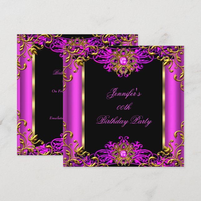 Elite Hot Pink Gem Gold Black Birthday Party 2 Einladung (Vorne/Hinten)