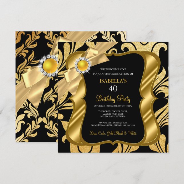 Elite Pearl Gold Bow Black Damask Birthday Einladu Einladung (Vorne/Hinten)
