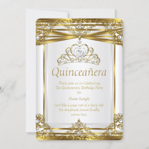 Elite Princess Quinceañera Gold Weiß Perlen Rahmen Einladung