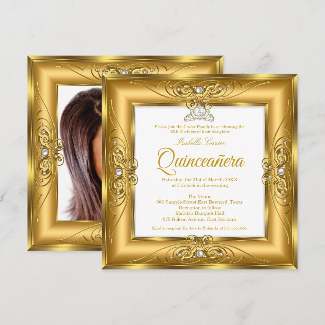 Elite Quinceanera 15. Gold Pearl Gem Tiara Foto Einladung (Vorne/Hinten)