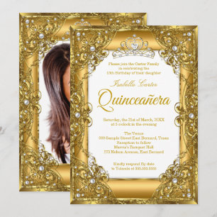 Elite Quinceanera 15. Goldene Perlen-Tiara Foto Einladung