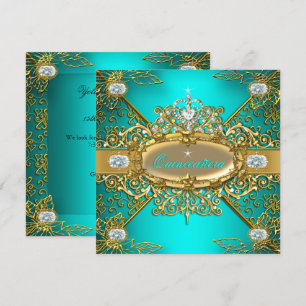 Elite Quinceanera Aquamarin Blue Gold Damask 15. P Einladung