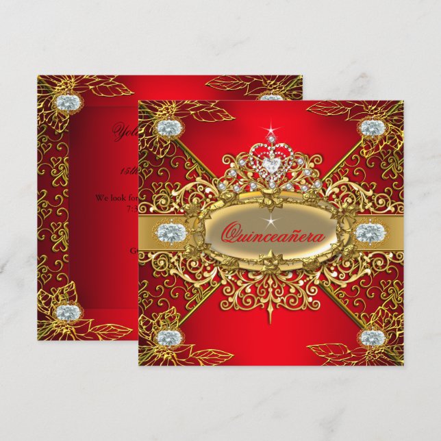 Elite Quinceanera Regal Red Gold Damask 15. Party Einladung (Vorne/Hinten)