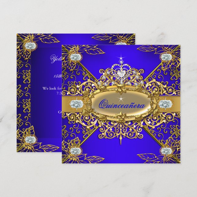 Elite Quinceanera Royal Blue Gold Damask 15. 2. Einladung (Vorne/Hinten)
