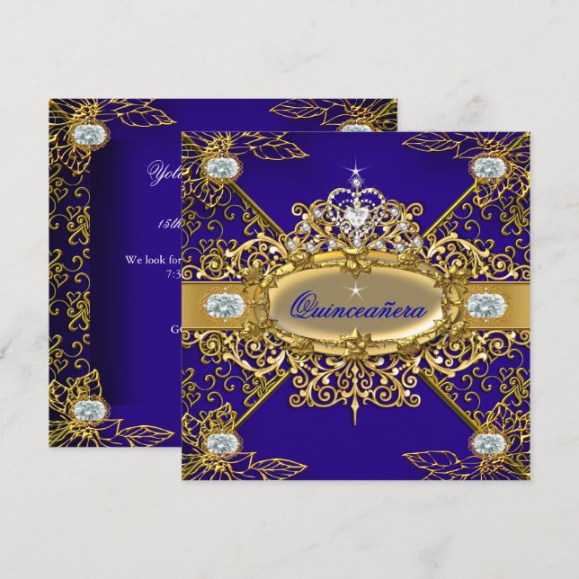 Elite Quinceanera Royal Blue Gold Damask 15. Einladung (Vorne/Hinten)