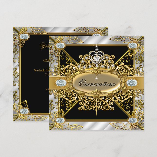 Elite Quinceanera Silver Gold Black Damask 15. Einladung (Vorne/Hinten)