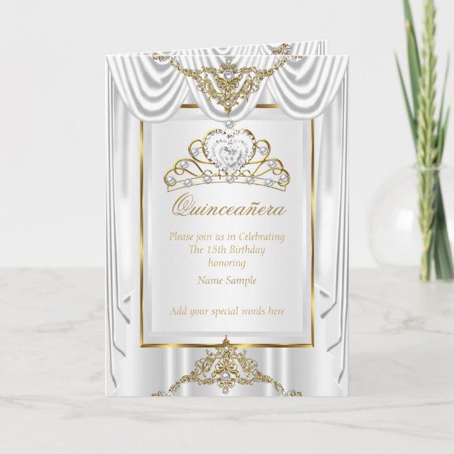 Elite Quinceanera White Silk Gold Pearl Tiara Einladung (Vorderseite)