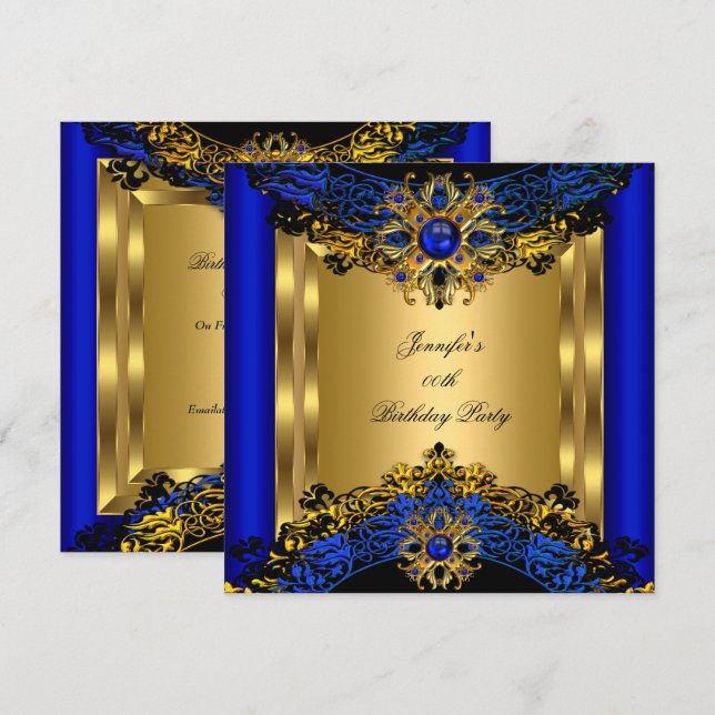 Elite Royal Blue Gem Gold Black Birthday Party 2 Einladung (Vorne/Hinten)