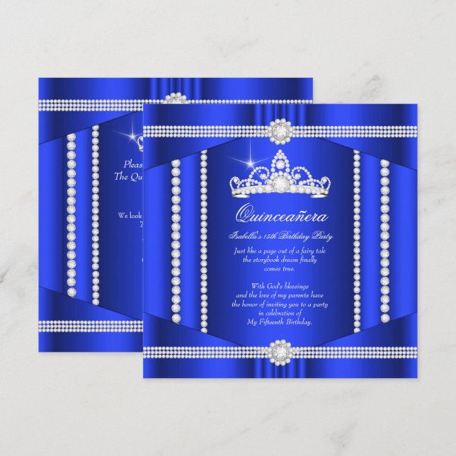 Elite Royal Blue Princess Quinceanera Diamond Einladung (Vorne/Hinten)