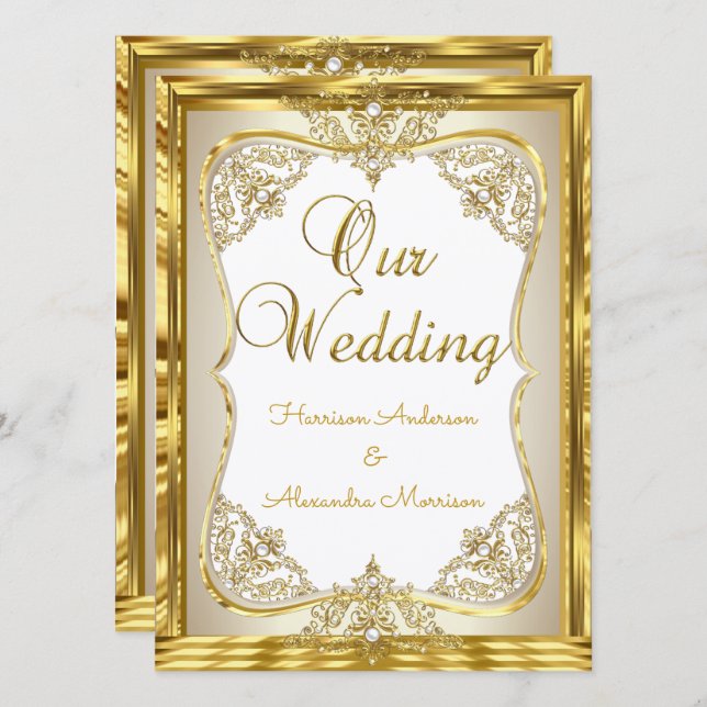 Elite Wedding Gold Weißes Creme Pearl Einladung (Vorne/Hinten)