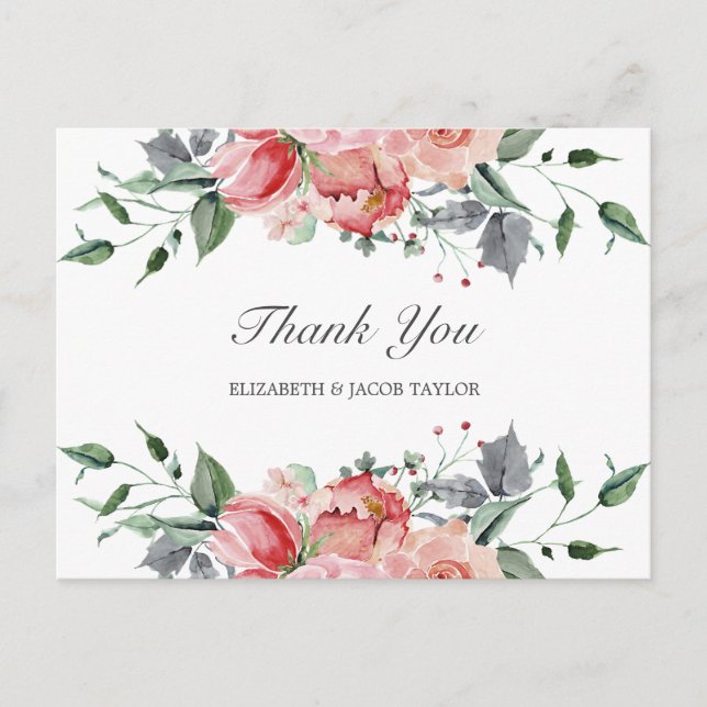 Elizabeth Elegant Pink Blume Hochzeit Vielen Dank Postkarte (Vorderseite)