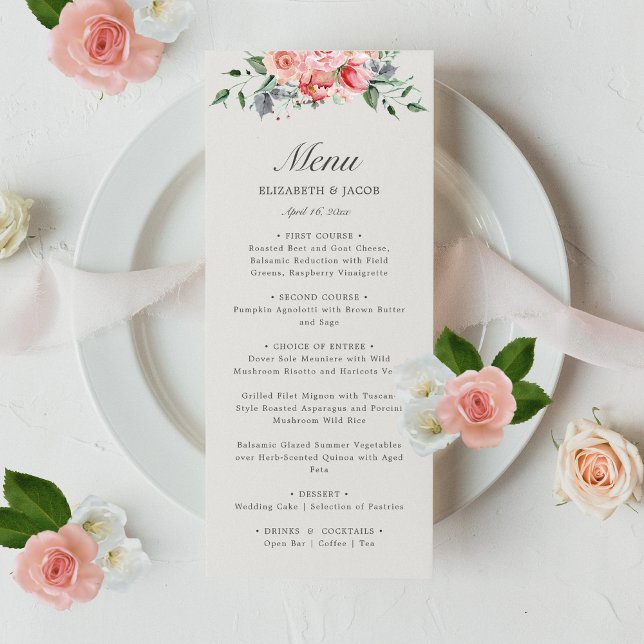 Elizabeth Pink Blumenzettel Menükarte (This elegant, floral wedding menu features pink roses and is perfect for a classic garden reception)
