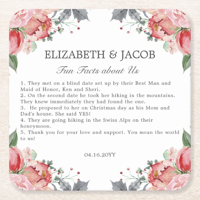 Elizabeth Pink Floral Fun Fakten Hochzeit Rechteckiger Pappuntersetzer (Vorderseite)