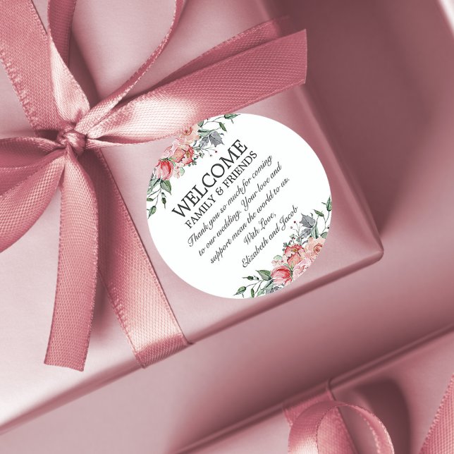 Elizabeth Pink Floral Wedding Welcome Bag Runder Aufkleber (Von Creator hochgeladen)