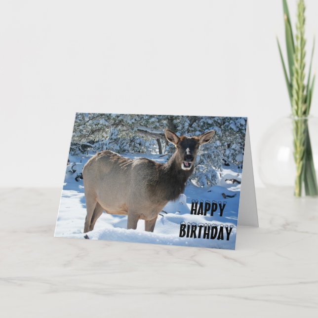 Elk dans la neige joyeuse carte de voeux d'anniver (Devant)